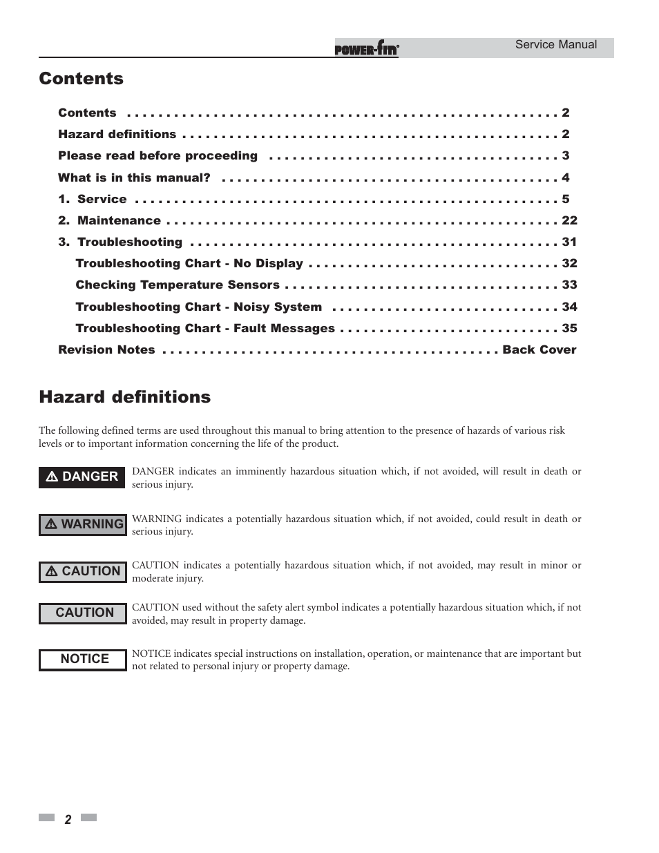 Contents hazard definitions | Lochinvar Power-fin 1701 User Manual | Page 2 / 44