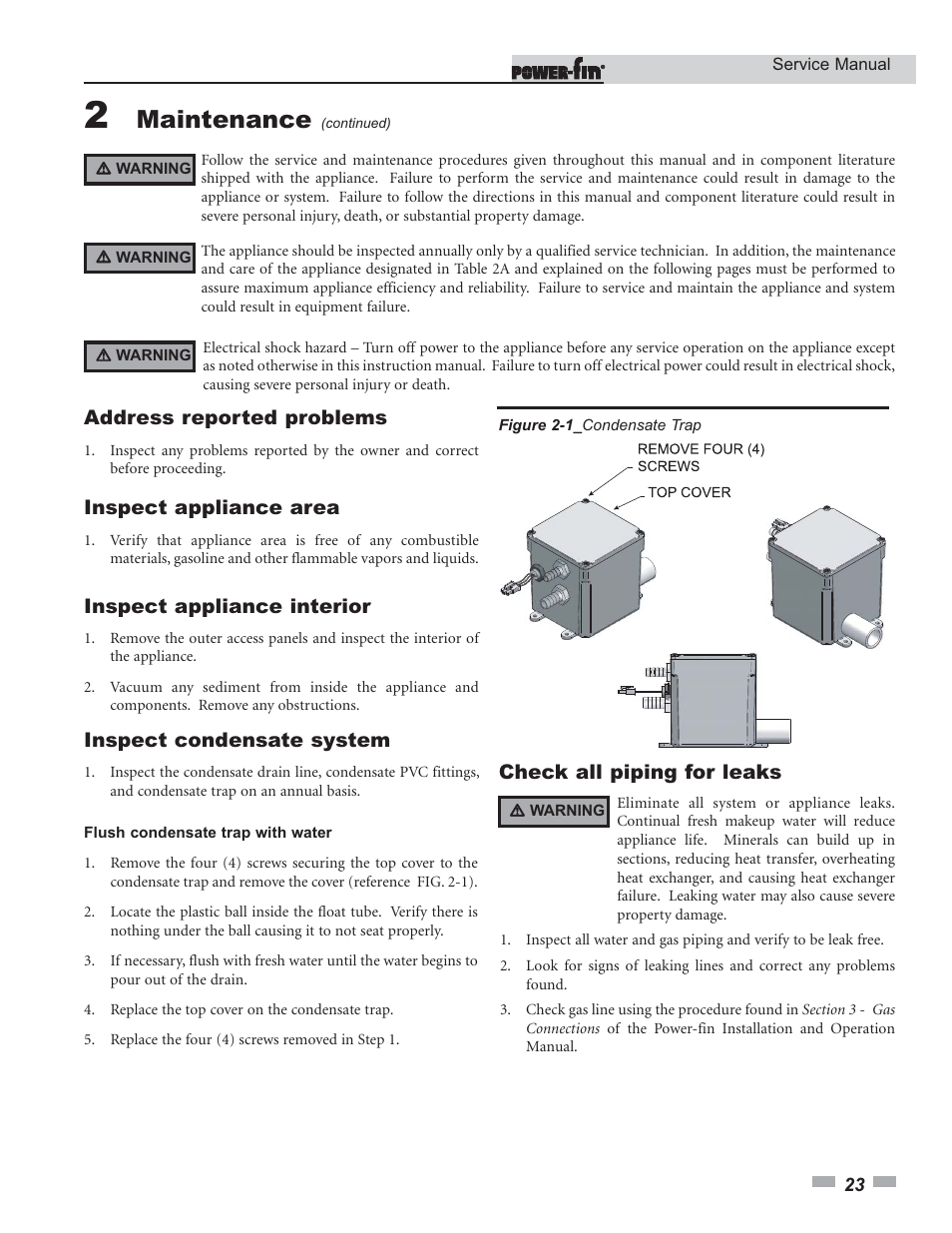 Maintenance, Address reported problems, Inspect appliance area | Inspect appliance interior, Inspect condensate system, Check all piping for leaks | Lochinvar Power-fin 1701 User Manual | Page 23 / 44