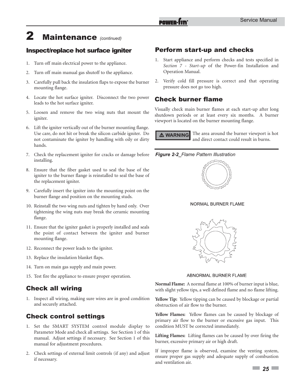 Maintenance, Inspect/replace hot surface igniter, Check burner flame | Perform start-up and checks, Check all wiring, Check control settings | Lochinvar Power-fin 1701 User Manual | Page 25 / 44