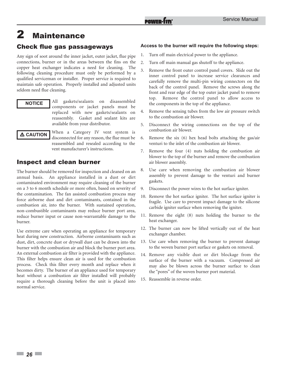 Maintenance, Check flue gas passageways, Inspect and clean burner | Lochinvar Power-fin 1701 User Manual | Page 26 / 44