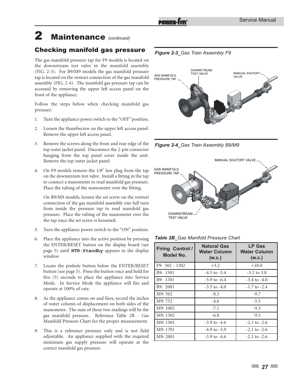 Maintenance, Checking manifold gas pressure | Lochinvar Power-fin 1701 User Manual | Page 27 / 44