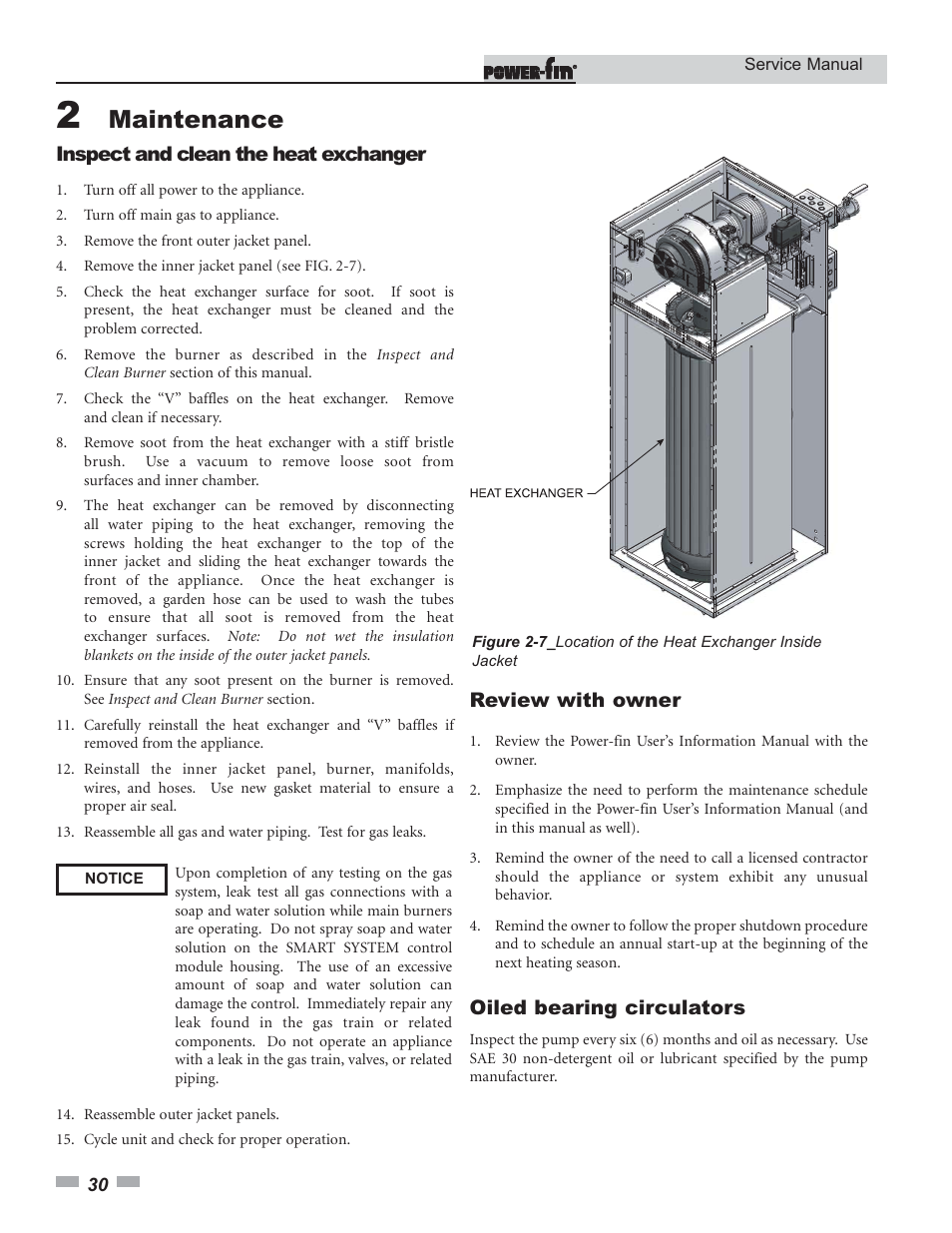 Maintenance, Inspect and clean the heat exchanger, Review with owner | Oiled bearing circulators | Lochinvar Power-fin 1701 User Manual | Page 30 / 44