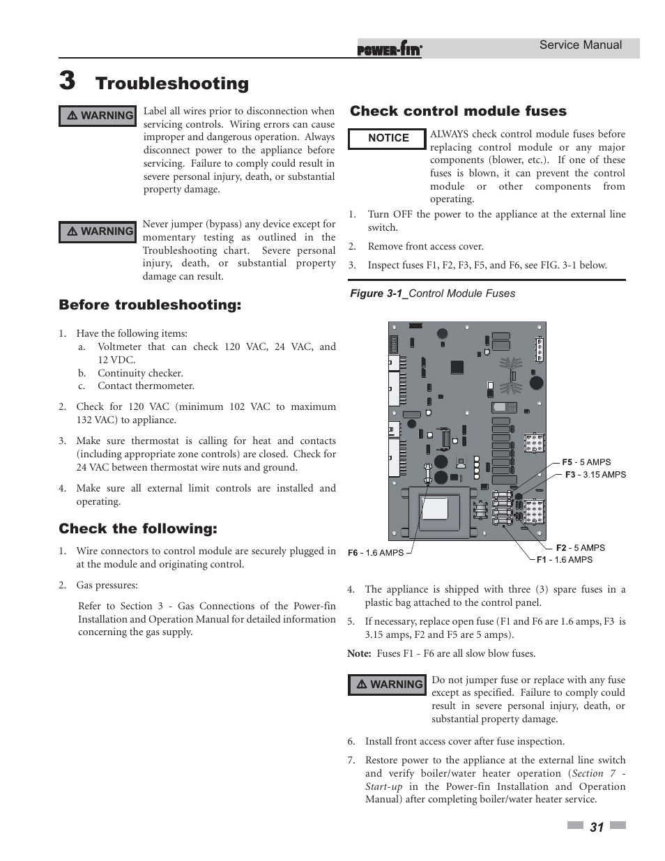 Troubleshooting, Before troubleshooting, Check the following | Check control module fuses | Lochinvar Power-fin 1701 User Manual | Page 31 / 44