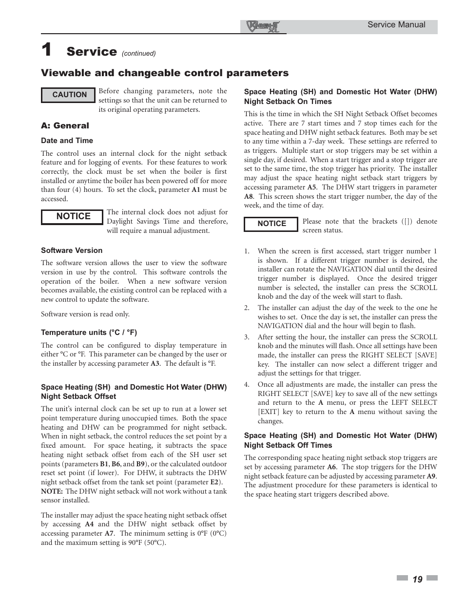 Service, Viewable and changeable control parameters | Lochinvar KNIGHT 400 - 801 User Manual | Page 19 / 48