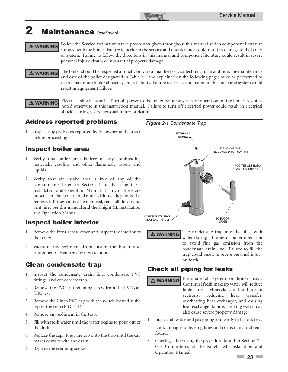 Maintenance, Address reported problems, Inspect boiler area | Inspect boiler interior, Clean condensate trap, Check all piping for leaks | Lochinvar KNIGHT 400 - 801 User Manual | Page 29 / 48