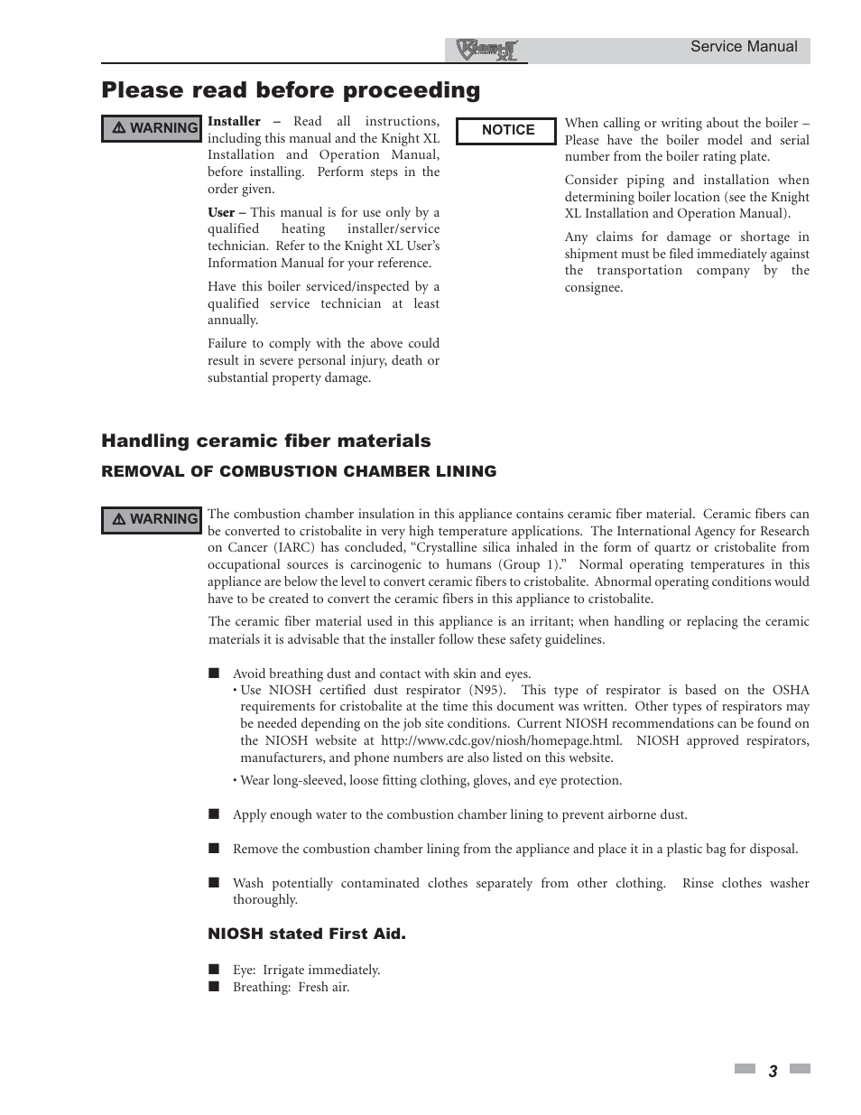 Please read before proceeding, Handling ceramic fiber materials | Lochinvar KNIGHT 400 - 801 User Manual | Page 3 / 48