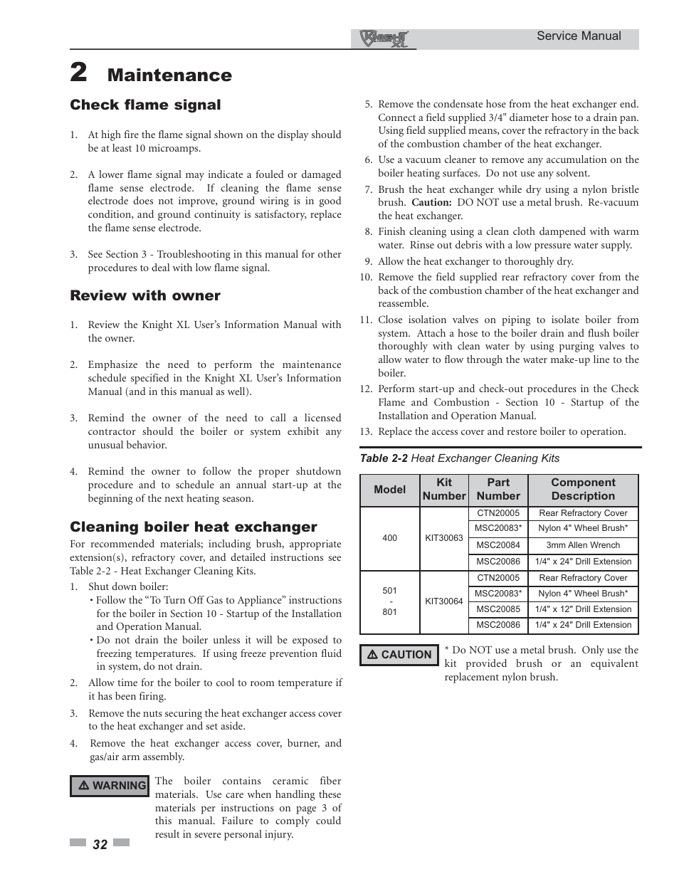 Maintenance, Check flame signal, Review with owner | Cleaning boiler heat exchanger | Lochinvar KNIGHT 400 - 801 User Manual | Page 32 / 48