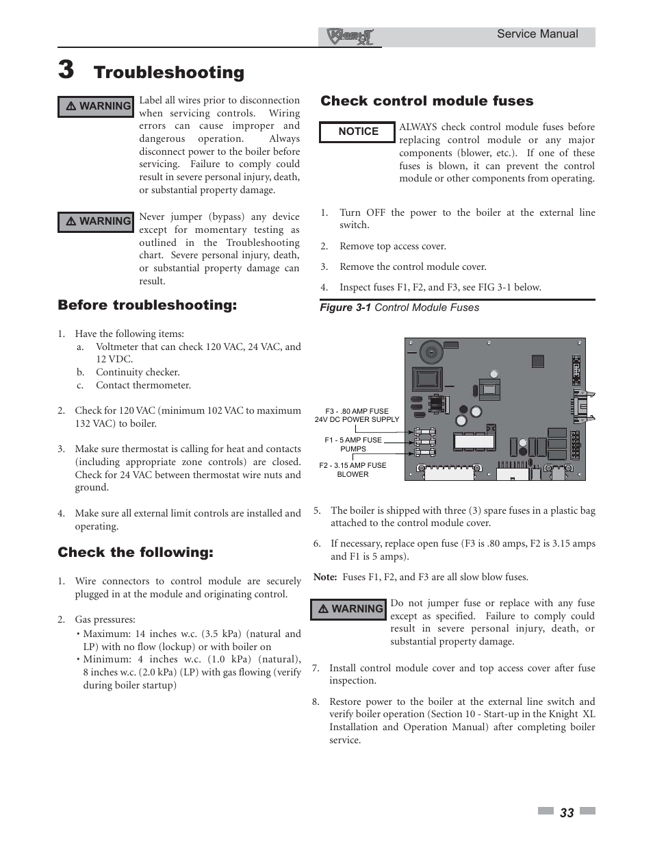 Troubleshooting, Before troubleshooting, Check the following | Check control module fuses | Lochinvar KNIGHT 400 - 801 User Manual | Page 33 / 48