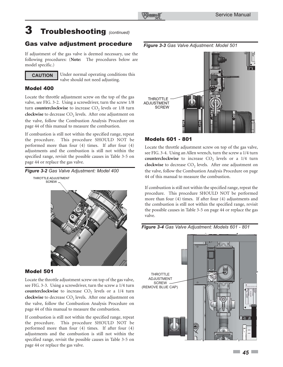 Troubleshooting, Gas valve adjustment procedure | Lochinvar KNIGHT 400 - 801 User Manual | Page 45 / 48