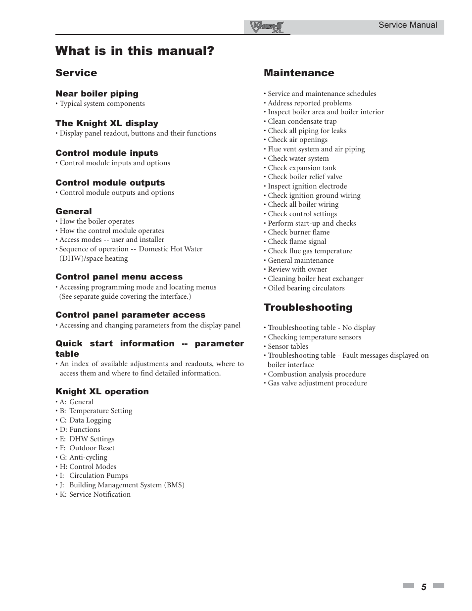 What is in this manual, Service, Maintenance | Troubleshooting | Lochinvar KNIGHT 400 - 801 User Manual | Page 5 / 48