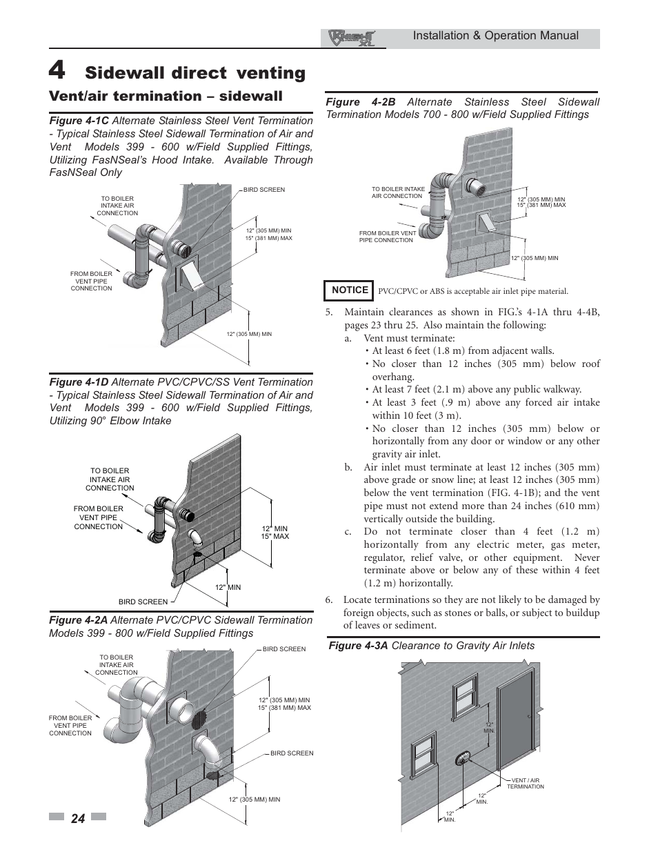 Sidewall direct venting, Vent/air termination – sidewall, Installation & operation manual | Figure 4-3a clearance to gravity air inlets | Lochinvar 800 User Manual | Page 24 / 76