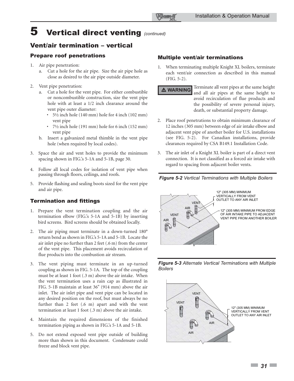 Vertical direct venting, Vent/air termination – vertical | Lochinvar 800 User Manual | Page 31 / 76