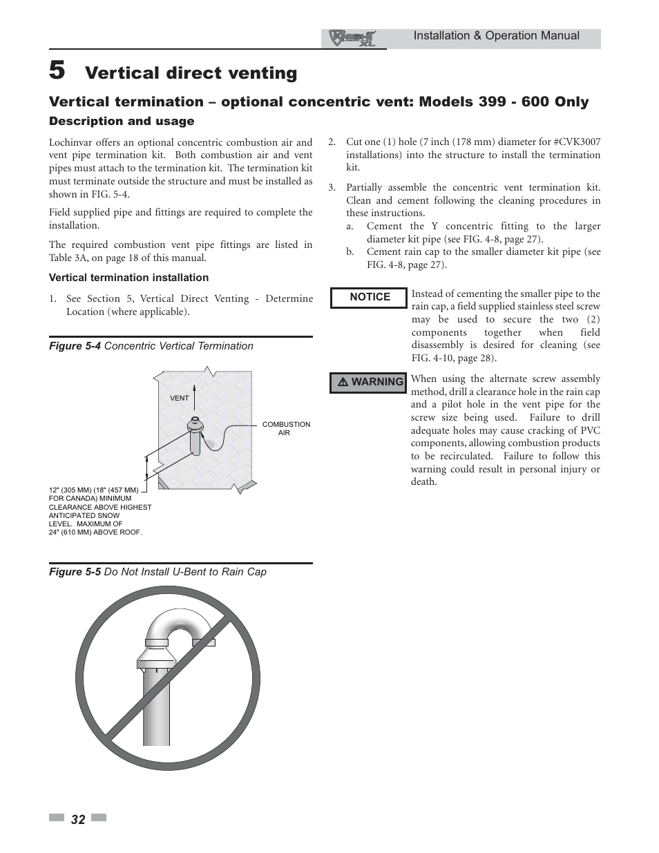 Vertical direct venting | Lochinvar 800 User Manual | Page 32 / 76