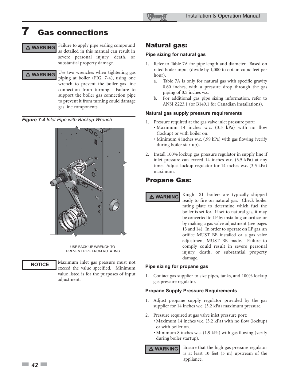 Gas connections, Natural gas, Propane gas | Lochinvar 800 User Manual | Page 42 / 76