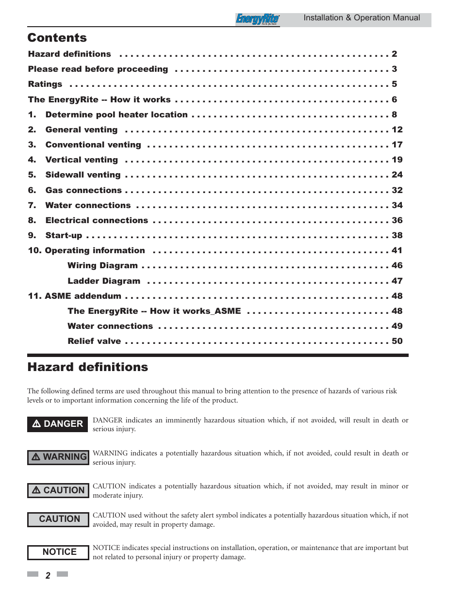 Contents hazard definitions | Lochinvar EnergyRite ER302 User Manual | Page 2 / 52