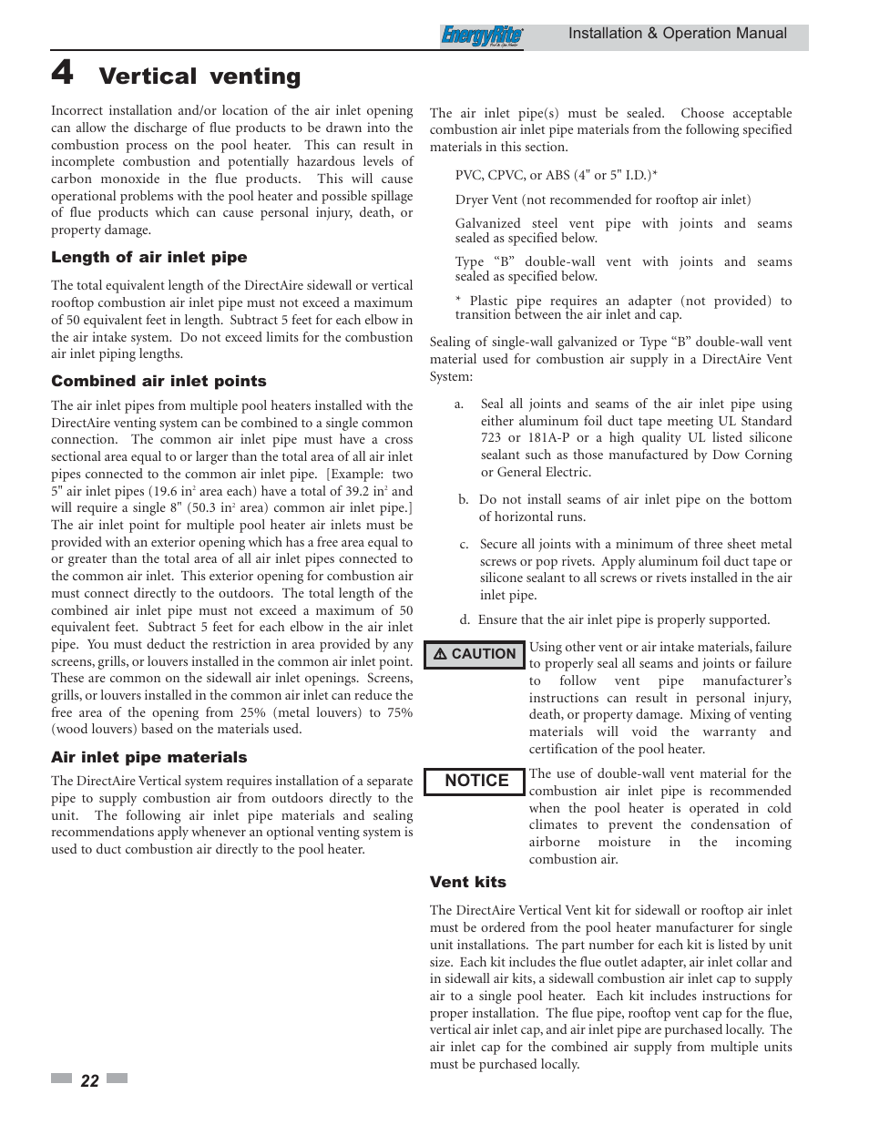 Vertical venting | Lochinvar EnergyRite ER302 User Manual | Page 22 / 52