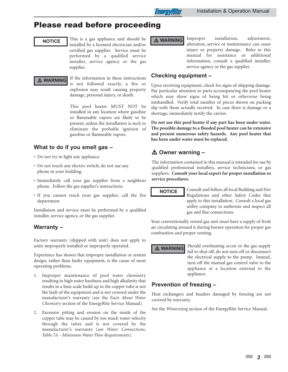 Please read before proceeding | Lochinvar EnergyRite ER302 User Manual | Page 3 / 52