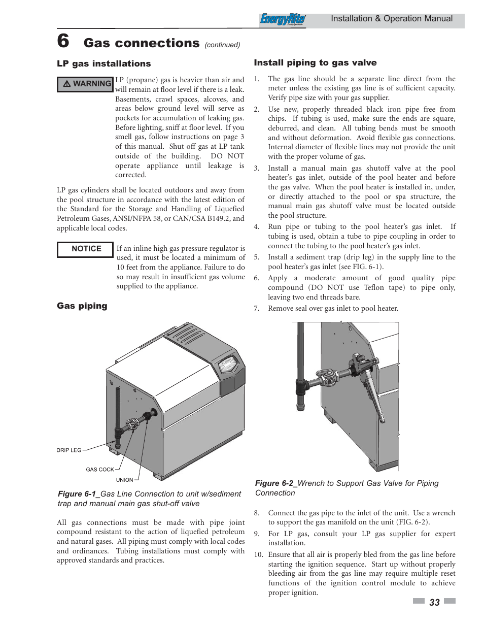 Gas connections | Lochinvar EnergyRite ER302 User Manual | Page 33 / 52