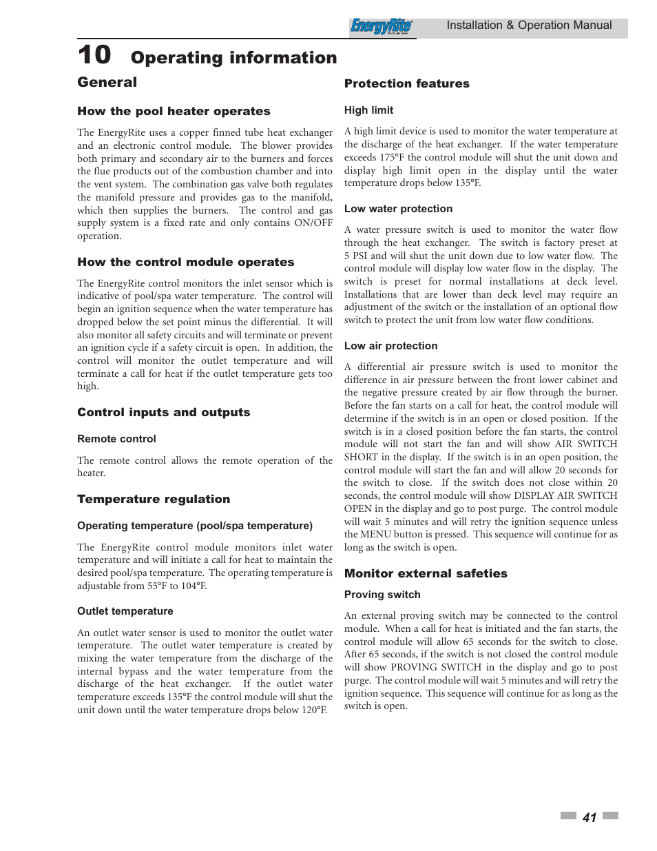 Operating information | Lochinvar EnergyRite ER302 User Manual | Page 41 / 52