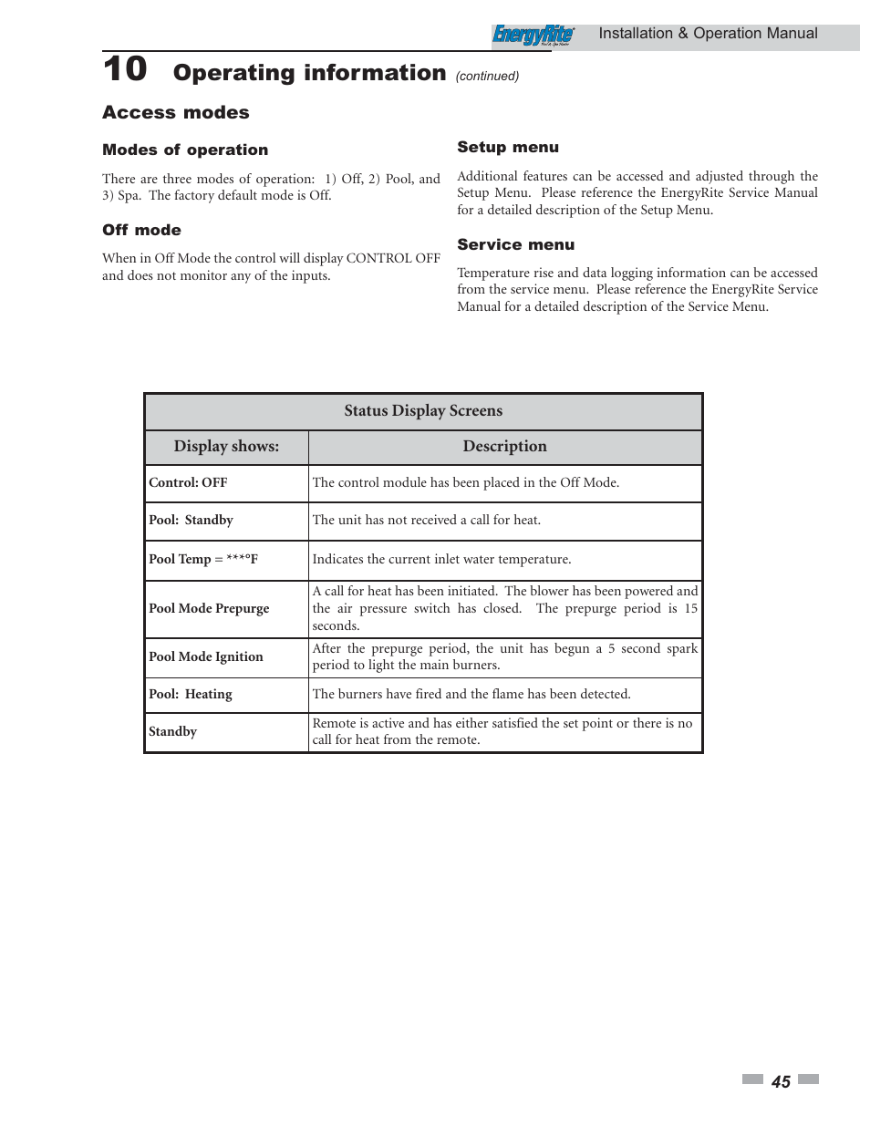 Operating information | Lochinvar EnergyRite ER302 User Manual | Page 45 / 52