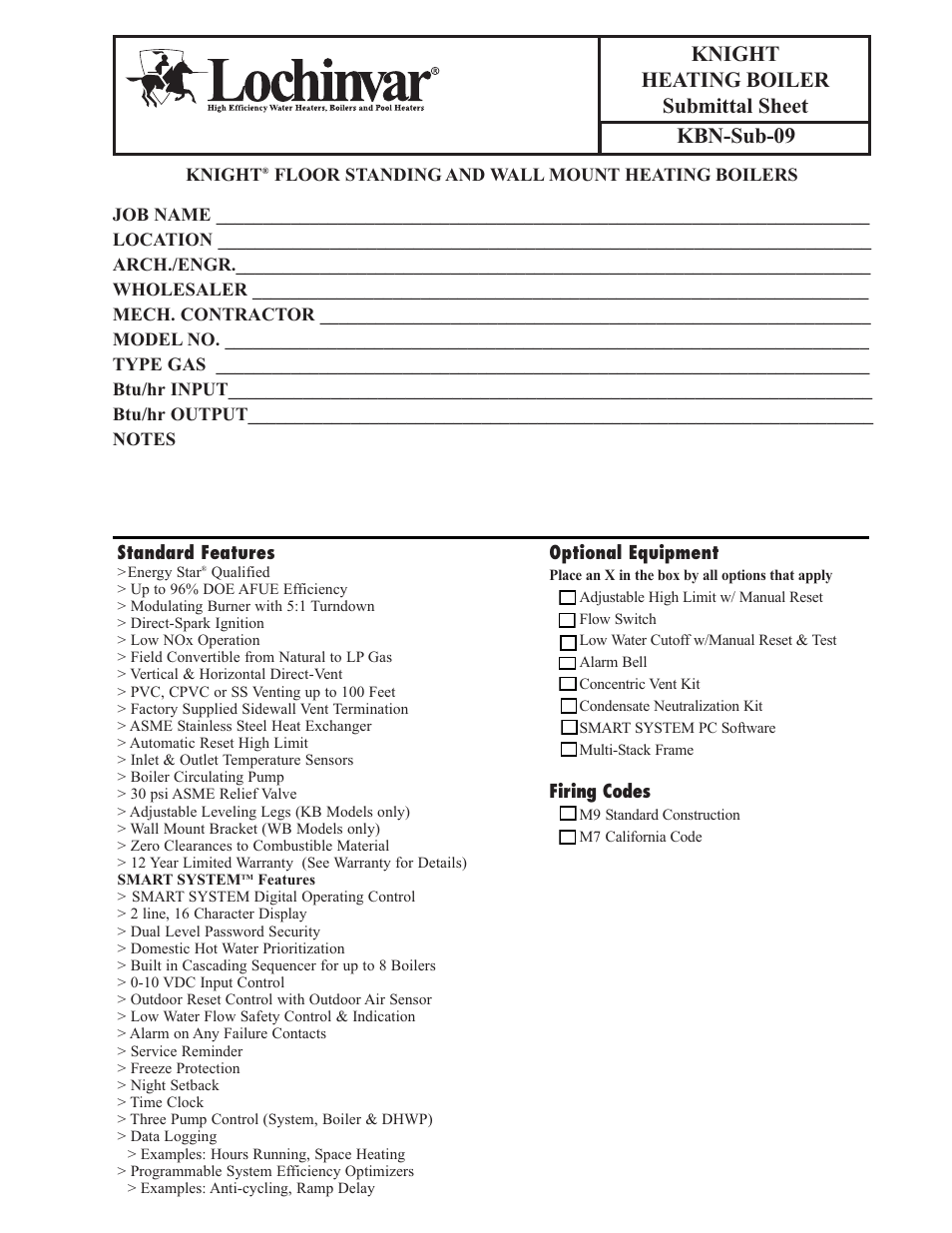 Lochinvar KBN-SUB-09 User Manual | 2 pages