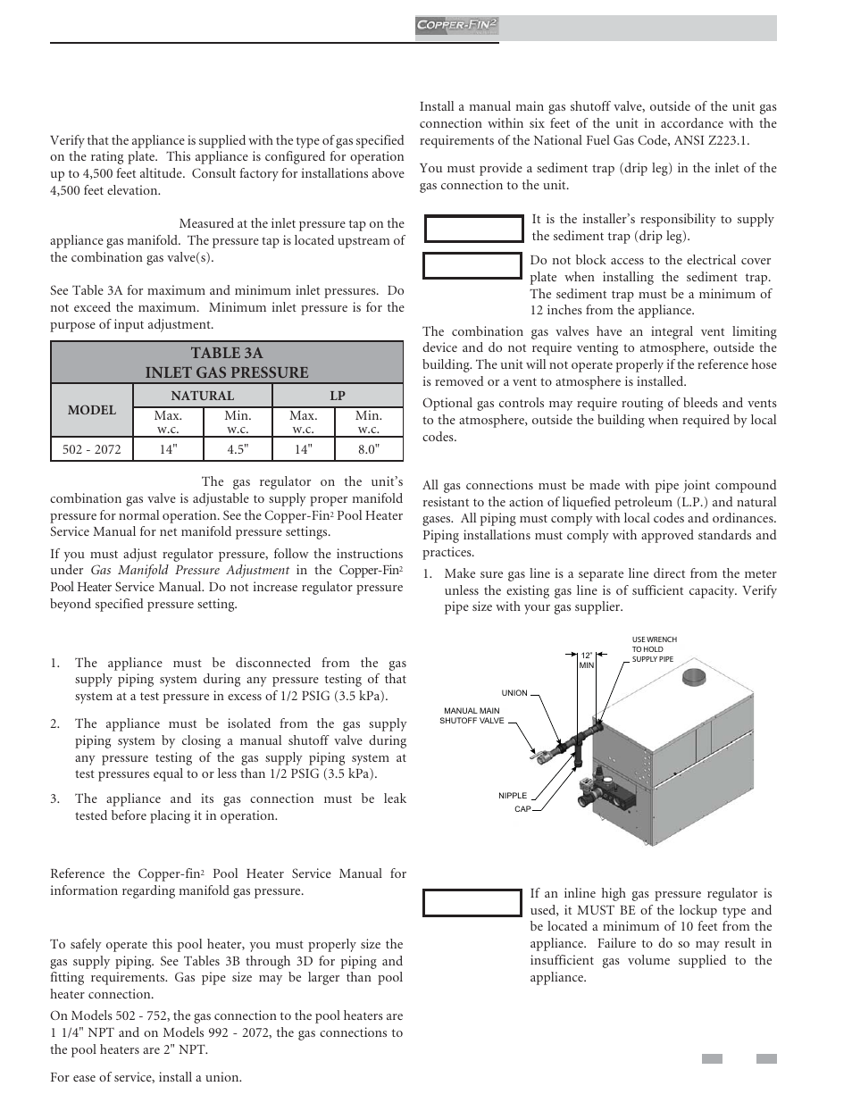 Gas connections, Connecting to gas supply, Gas pressure test | Checking manifold gas pressure, Gas connection, Gas piping | Lochinvar COPPER-FINN2 502 User Manual | Page 31 / 68