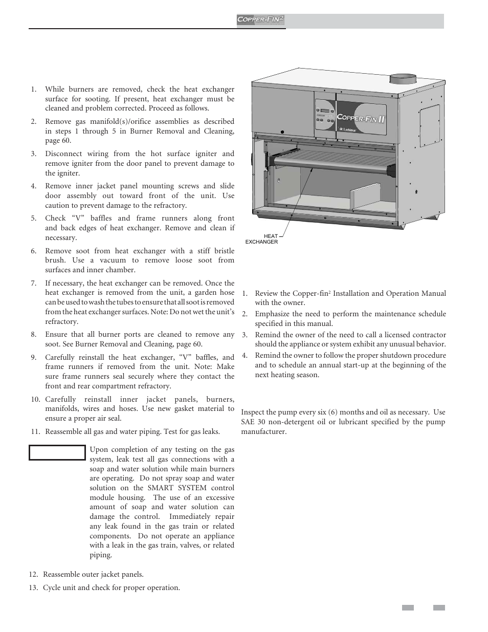 Maintenance, Inspect and clean the heat exchanger, Review with owner | Oiled bearing circulators | Lochinvar COPPER-FINN2 502 User Manual | Page 61 / 68