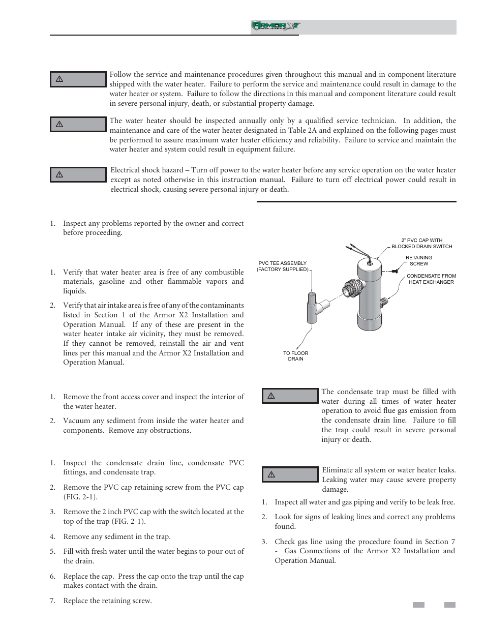 Maintenance, Address reported problems, Inspect water heater area | Inspect water heater interior, Clean condensate trap, Check all piping for leaks | Lochinvar ArmorX2 1.5 User Manual | Page 33 / 52