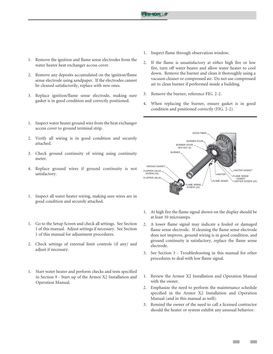 Maintenance, Inspect ignition and flame sense electrodes, Check ignition ground wiring | Check all water heater wiring, Check control settings, Perform start-up and checks, Check burner flame, Check flame signal, Review with owner | Lochinvar ArmorX2 1.5 User Manual | Page 35 / 52