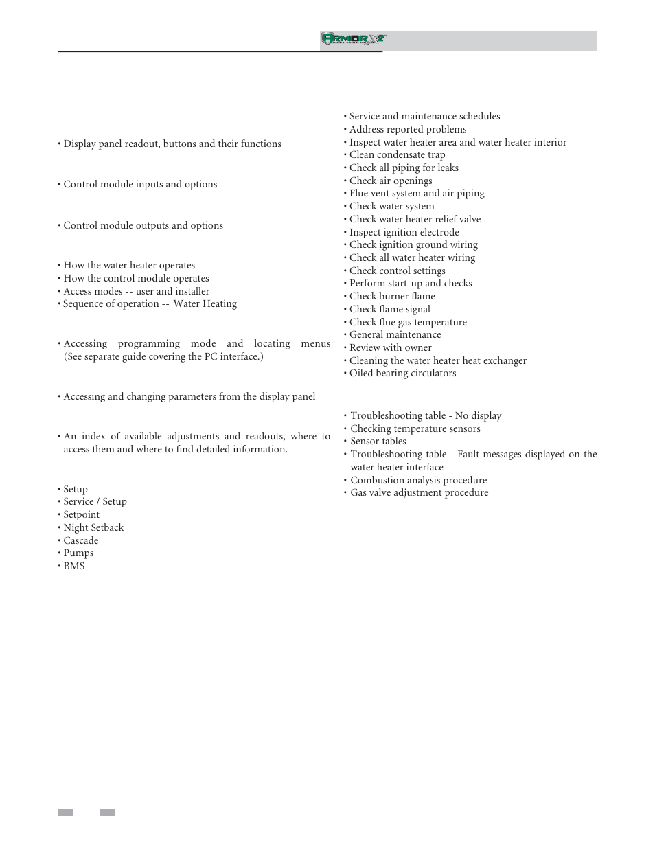 What is in this manual, Service, Maintenance | Troubleshooting | Lochinvar ArmorX2 1.5 User Manual | Page 4 / 52
