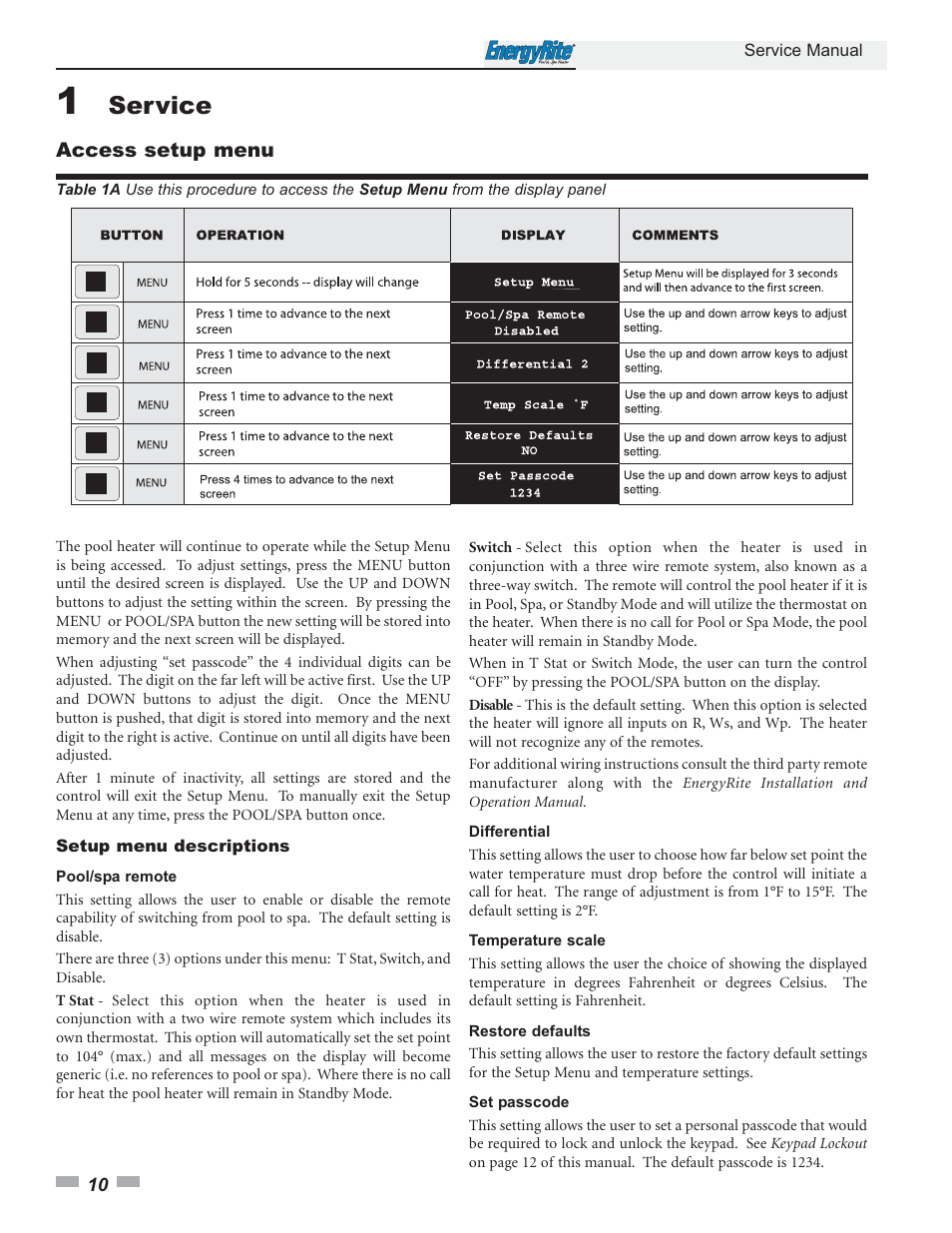 Service, Access setup menu | Lochinvar EnergyRite ER402 User Manual | Page 10 / 32