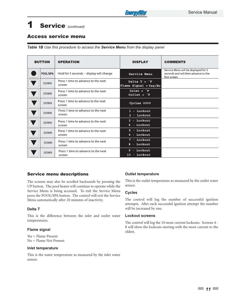 Service, Access service menu | Lochinvar EnergyRite ER402 User Manual | Page 11 / 32