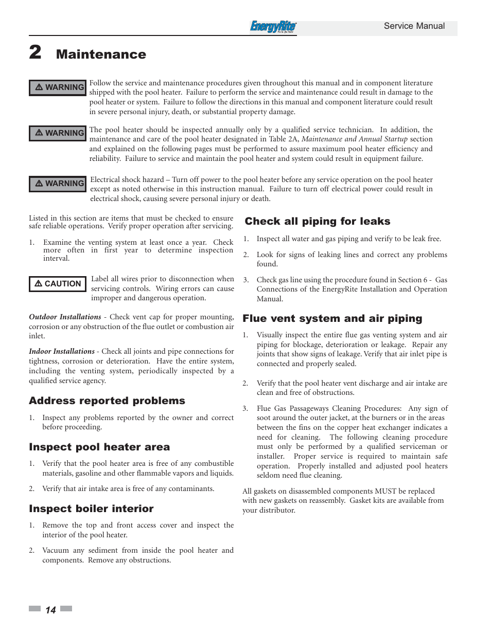 Maintenance, Address reported problems, Inspect pool heater area | Inspect boiler interior | Lochinvar EnergyRite ER402 User Manual | Page 14 / 32