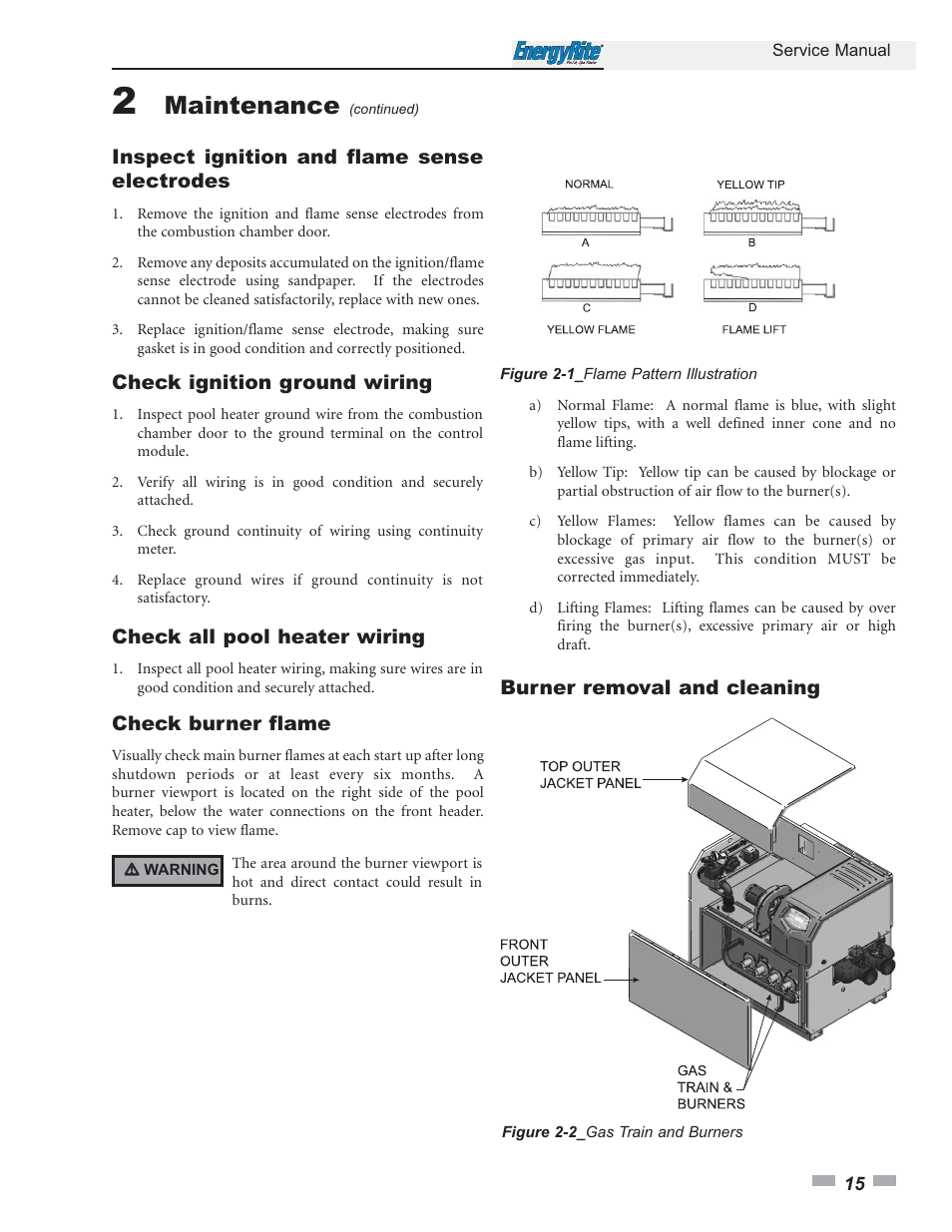 Maintenance, Burner removal and cleaning, Check ignition ground wiring | Check all pool heater wiring, Inspect ignition and flame sense electrodes, Check burner flame | Lochinvar EnergyRite ER402 User Manual | Page 15 / 32