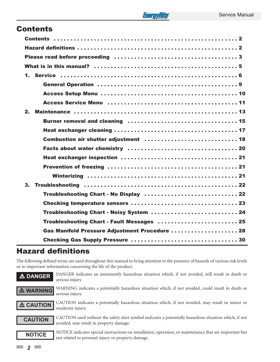 Contents hazard definitions | Lochinvar EnergyRite ER402 User Manual | Page 2 / 32