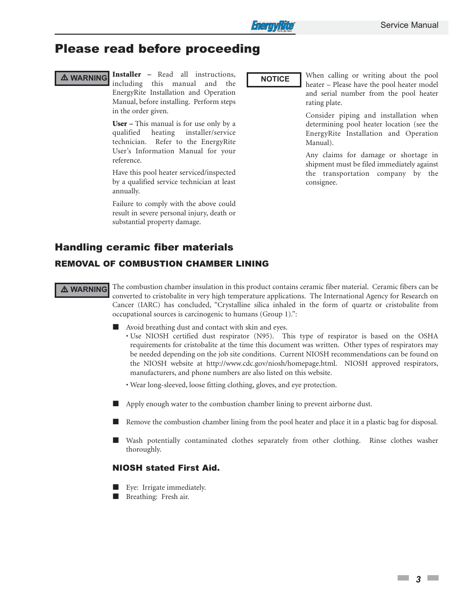 Please read before proceeding, Handling ceramic fiber materials | Lochinvar EnergyRite ER402 User Manual | Page 3 / 32