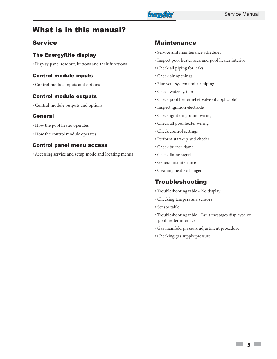 What is in this manual, Service, Maintenance | Troubleshooting | Lochinvar EnergyRite ER402 User Manual | Page 5 / 32