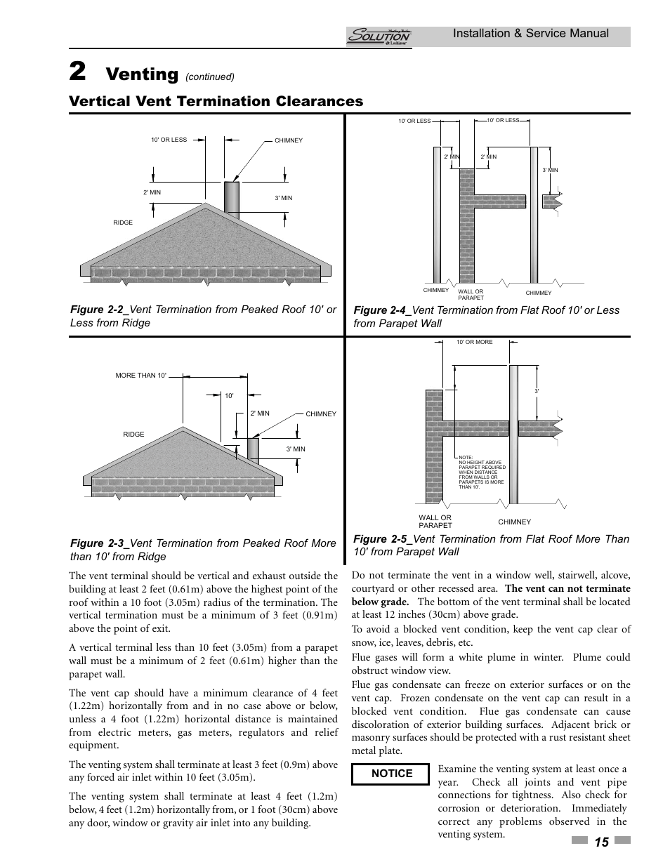 Venting, Vertical vent termination clearances, Installation & service manual | Lochinvar SOLUTION 45000 User Manual | Page 15 / 52