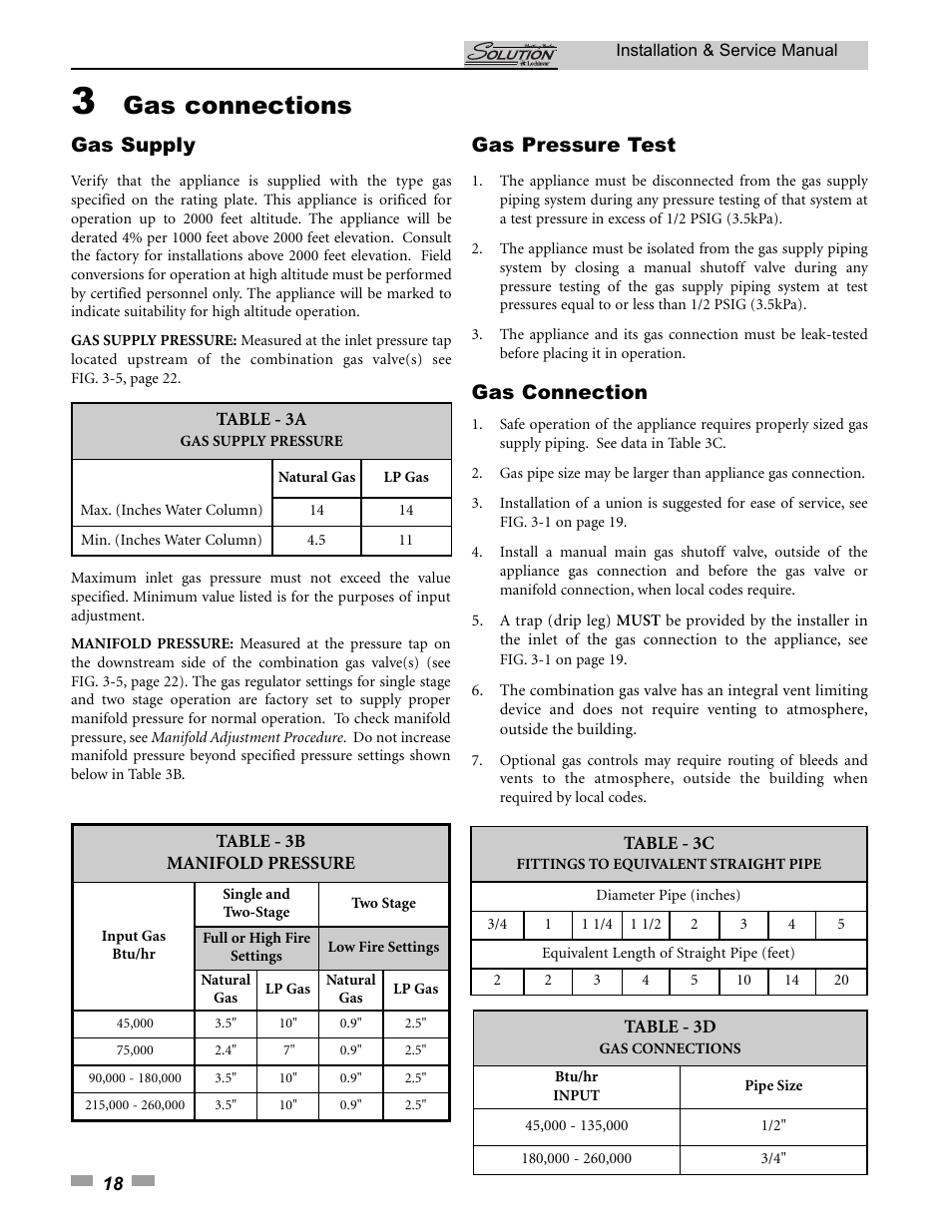 Gas connections, Gas supply, Gas pressure test | Gas connection | Lochinvar SOLUTION 45000 User Manual | Page 18 / 52