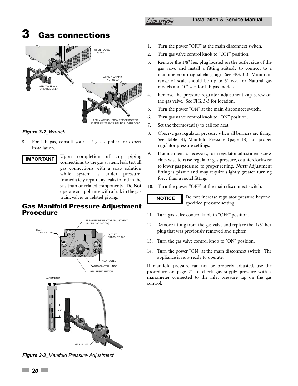 Gas connections, Gas manifold pressure adjustment procedure, Installation & service manual | Lochinvar SOLUTION 45000 User Manual | Page 20 / 52