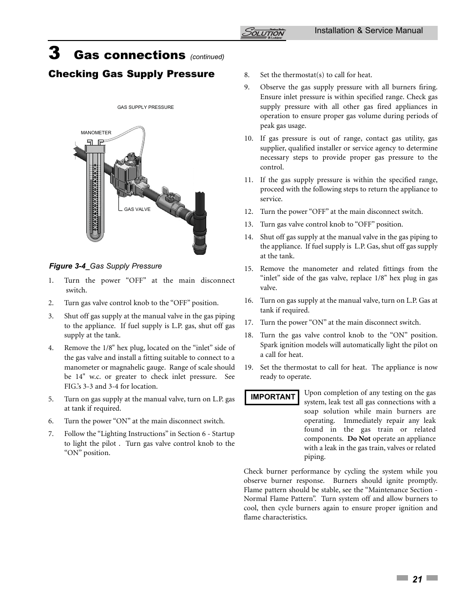 Gas connections, Checking gas supply pressure | Lochinvar SOLUTION 45000 User Manual | Page 21 / 52