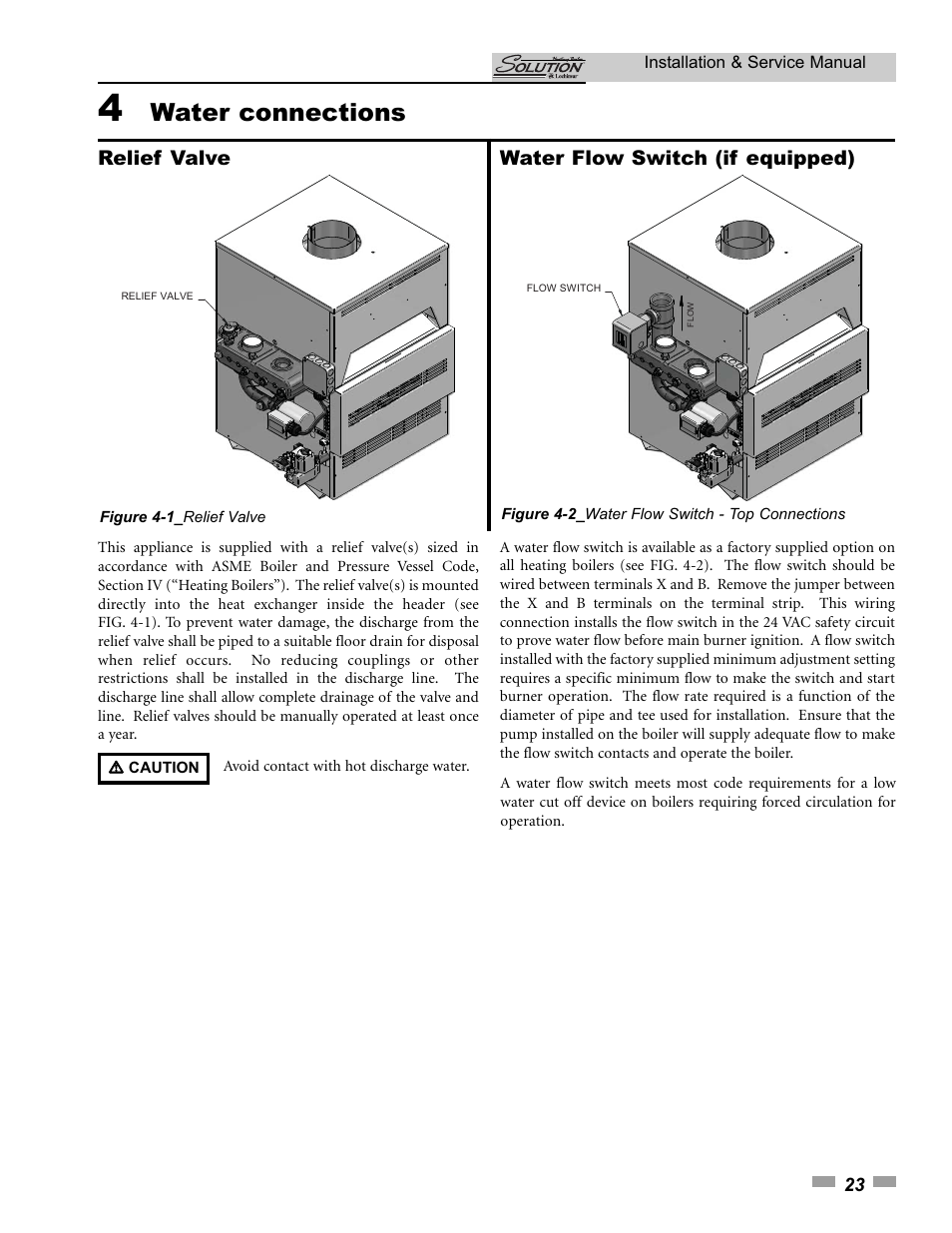Water connections, Relief valve, Water flow switch (if equipped) | Lochinvar SOLUTION 45000 User Manual | Page 23 / 52
