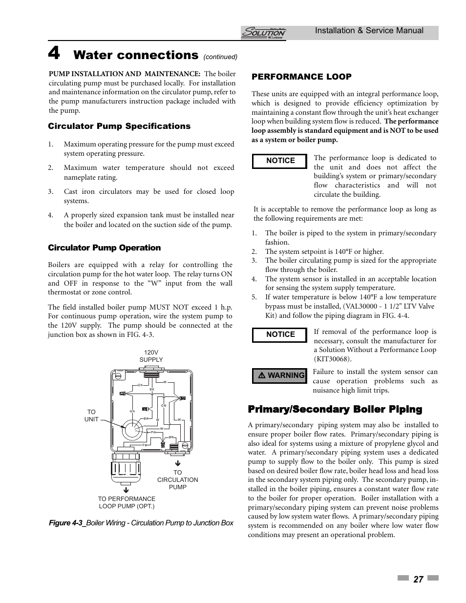 Water connections, Primary/secondary boiler piping | Lochinvar SOLUTION 45000 User Manual | Page 27 / 52