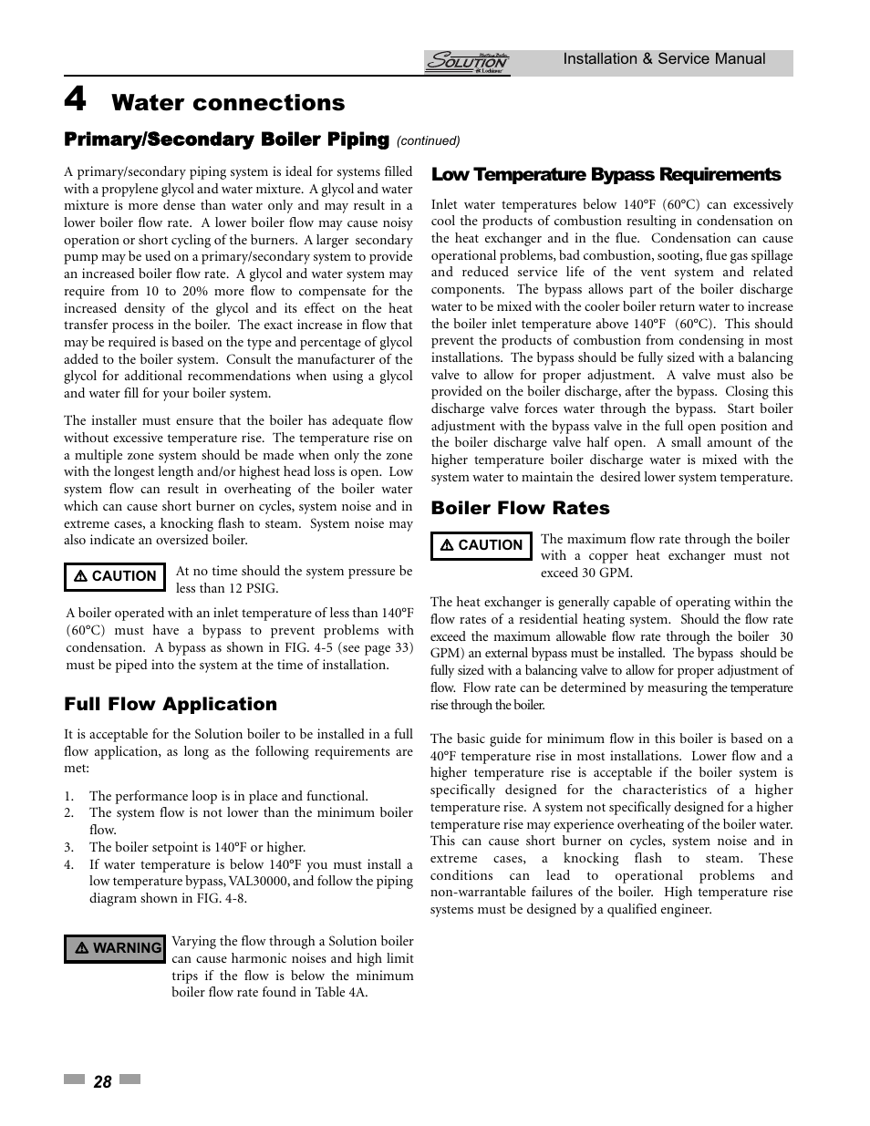 Water connections, Full flow application, Boiler flow rates | Low temperature bypass requirements, Primary/secondary boiler piping | Lochinvar SOLUTION 45000 User Manual | Page 28 / 52