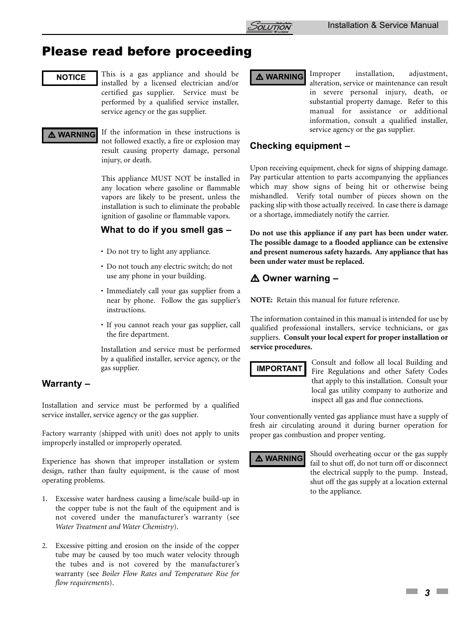 Please read before proceeding | Lochinvar SOLUTION 45000 User Manual | Page 3 / 52