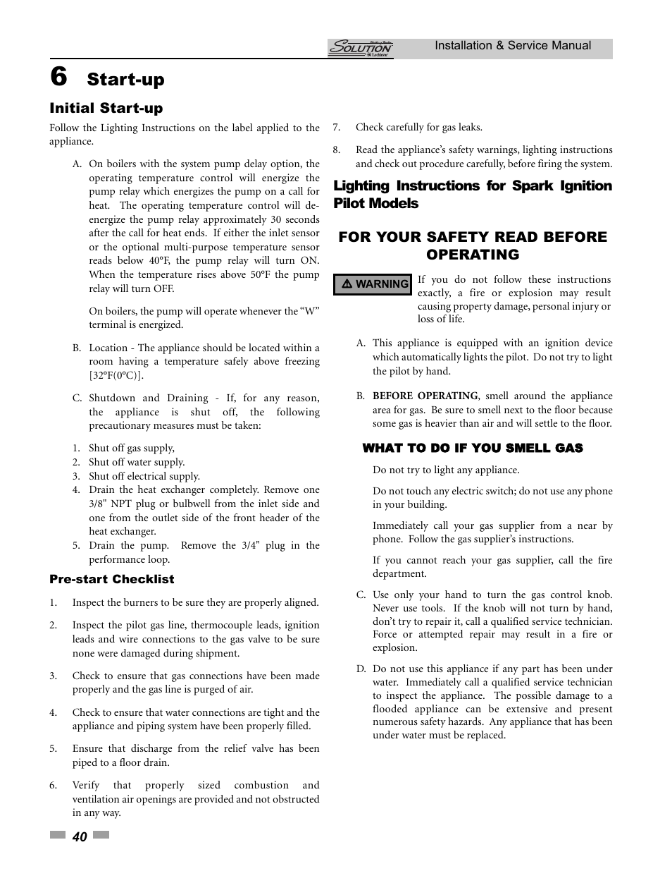 Start-up, Initial start-up | Lochinvar SOLUTION 45000 User Manual | Page 40 / 52