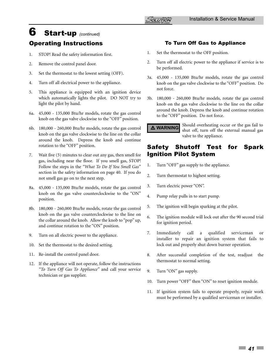 Start-up, Operating instructions | Lochinvar SOLUTION 45000 User Manual | Page 41 / 52