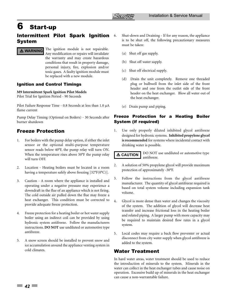 Start-up, Freeze protection, Water treatment | Intermittent pilot spark ignition system | Lochinvar SOLUTION 45000 User Manual | Page 42 / 52