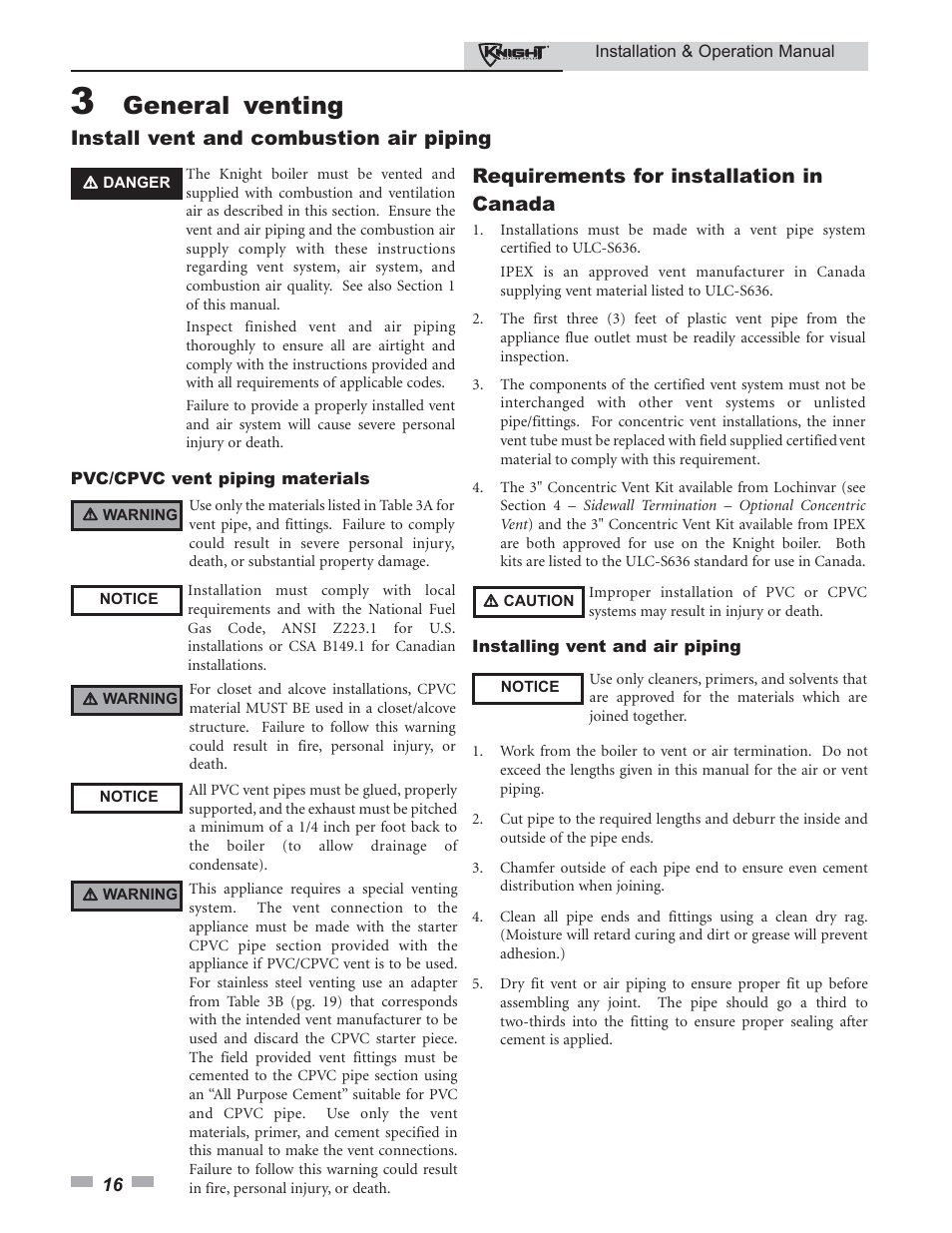 General venting, Install vent and combustion air piping, Requirements for installation in canada | Lochinvar 80 - 285 User Manual | Page 16 / 76