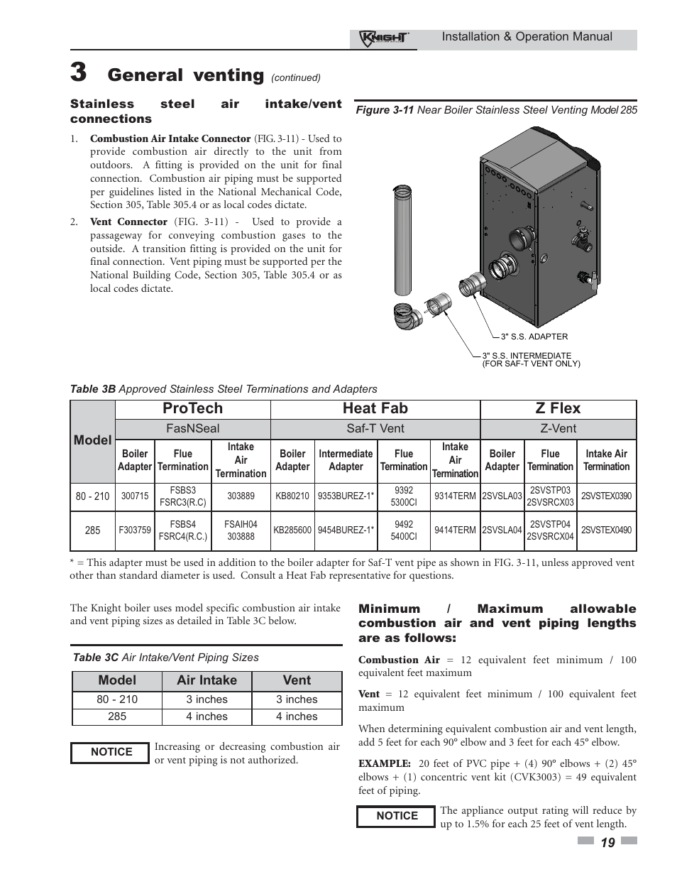 General venting, Protech heat fab z flex | Lochinvar 80 - 285 User Manual | Page 19 / 76